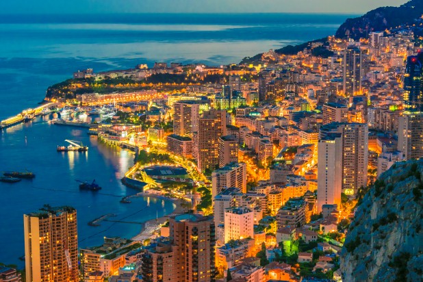 View of the city of Monaco on French Riviera after sunset.